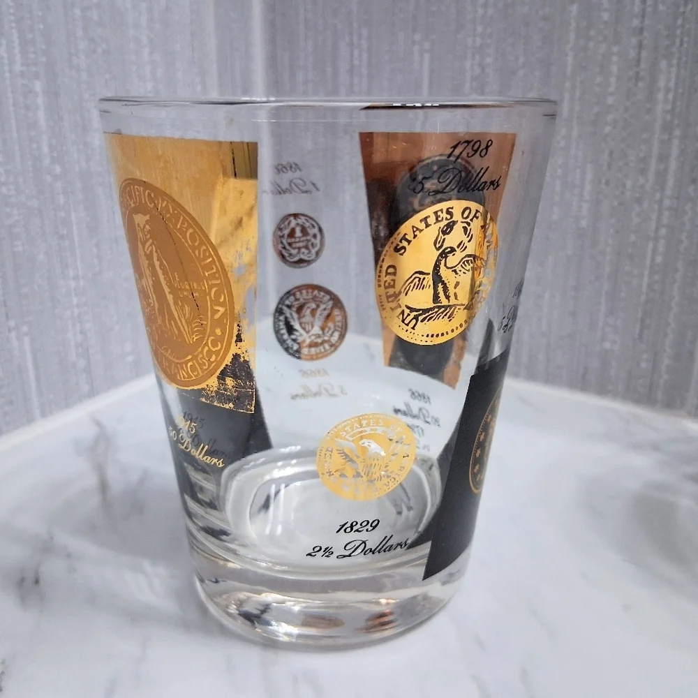 Vintage Cera US Coins Double Old Fashioned Glasses 22k Historical Barware Pair
